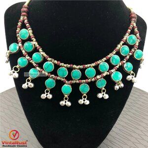 Ethnic Stone Necklace With Dangling Bells, Afghan Tribal Necklace